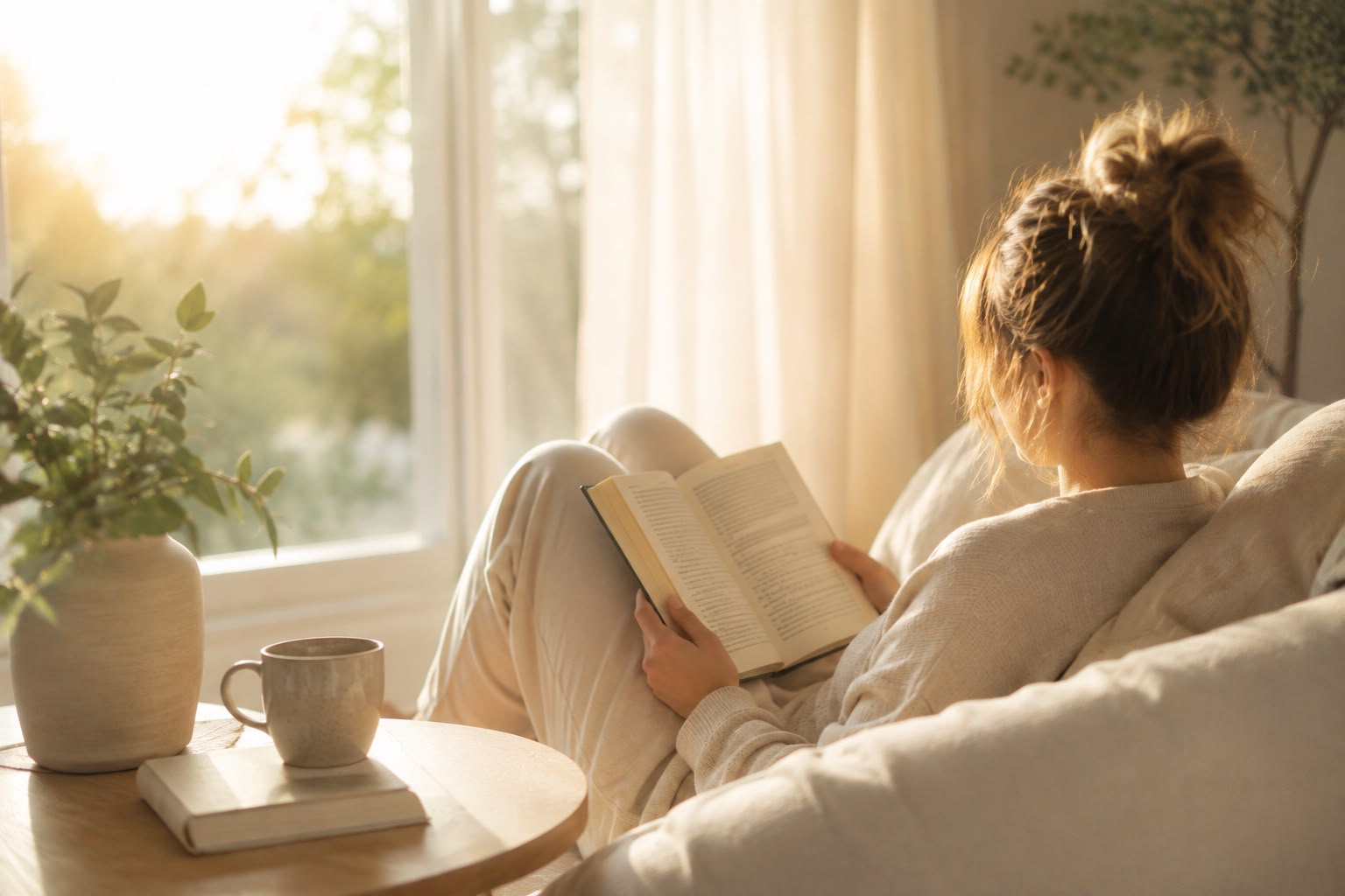 Woman enjoying a quiet moment of self-care at home