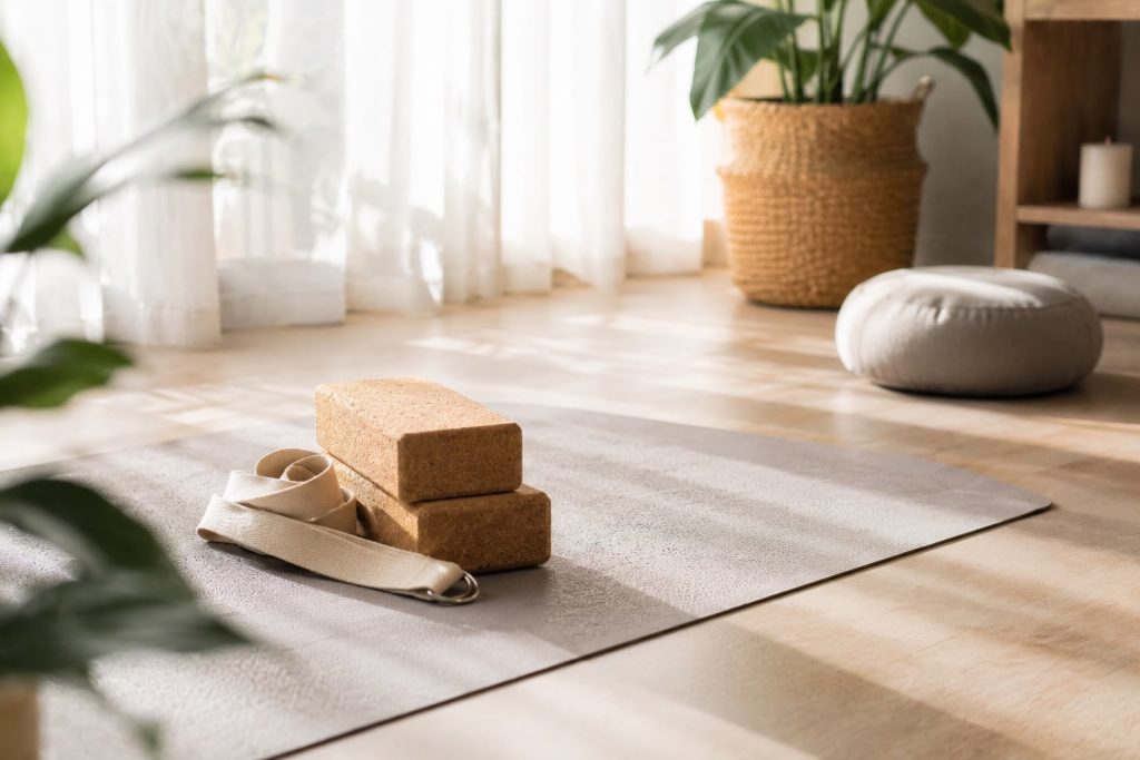 Yoga mat ready for mindful movement in a bright room