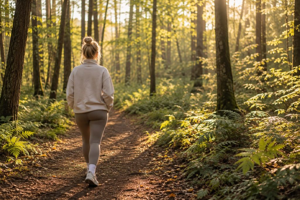 Woman walking through sunlit woodland